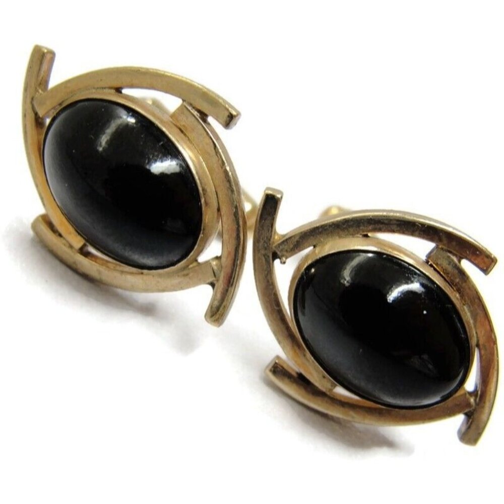 Vintage Cufflinks 1/20 12K Gold Filled Black Onyx Swept Design Signed Janice